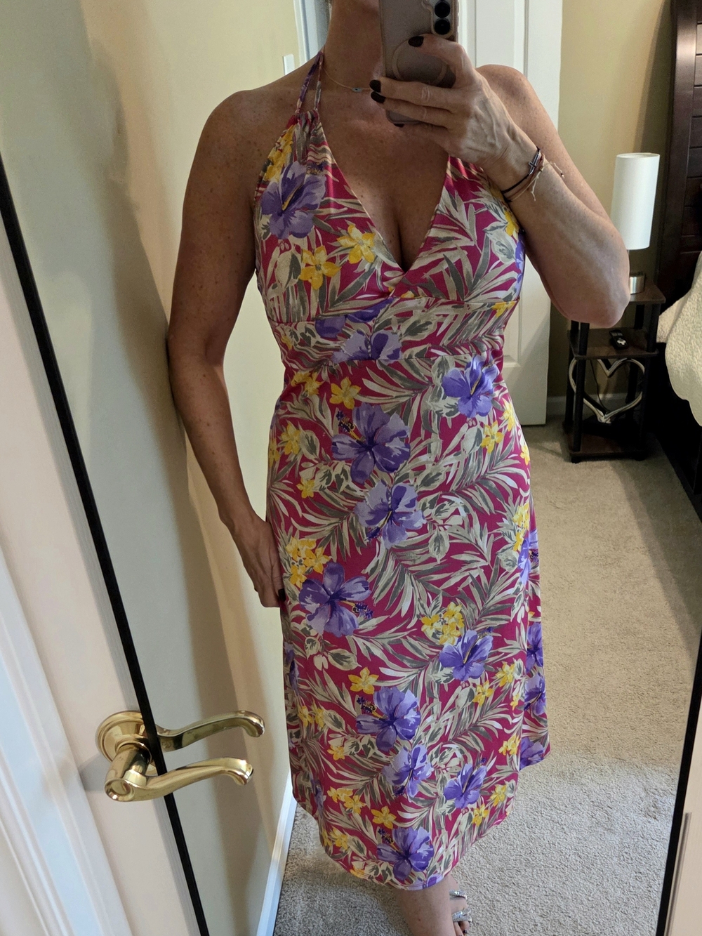 Veronica M Halter Floral Midi Dress in Magenta, Purple and Yellow